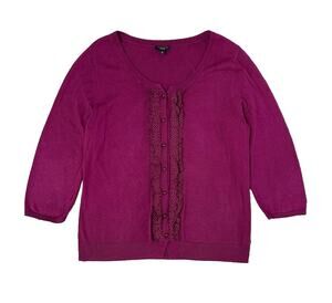 Talbots Silk Blend Dark Pink Knit Cardigan Sweater Ruffles 3/4 Sleeve Women’s L